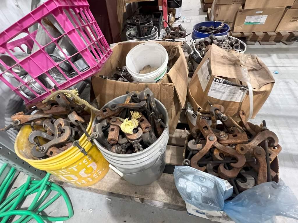 (4) SPOOLS OF PULL ROPE AND WOODEN BIN WITH ASSORTED ELECTRICAL PARTS AND HARDWARE
