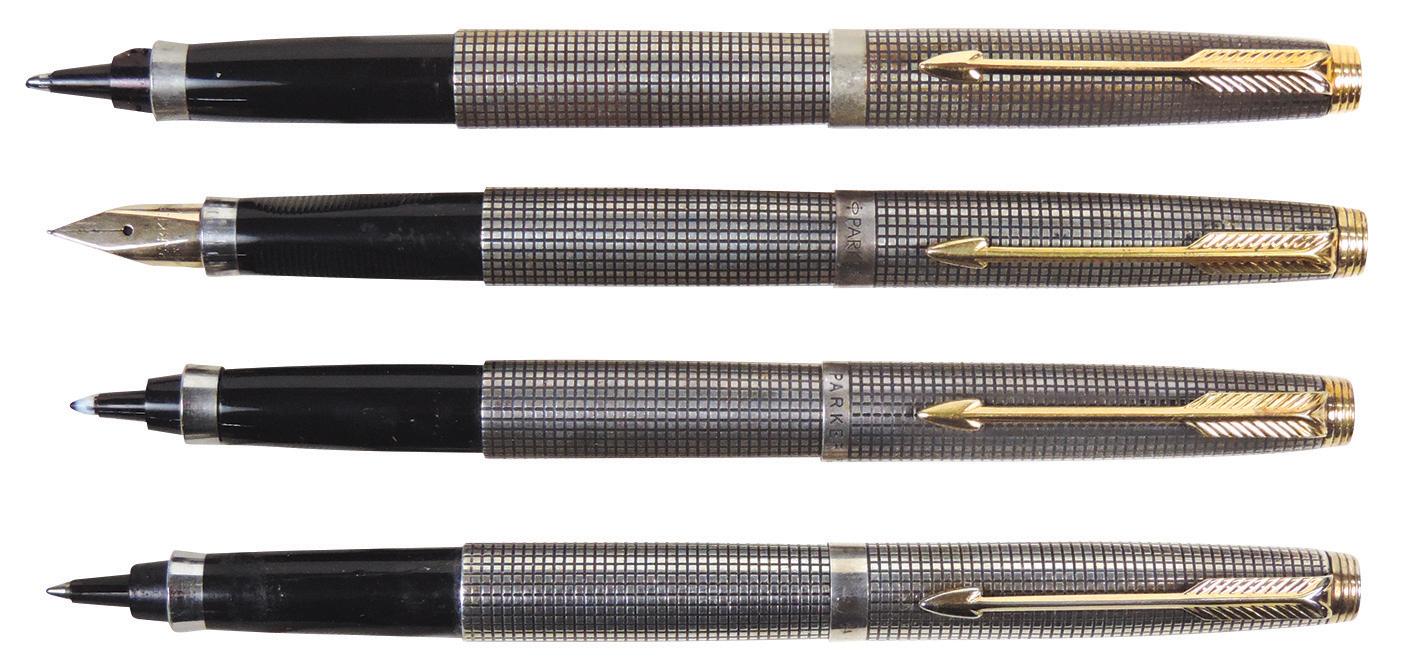 Fountain Pens (4), all Parker, stainless steel 75, fountain, 2 ballpoint &
