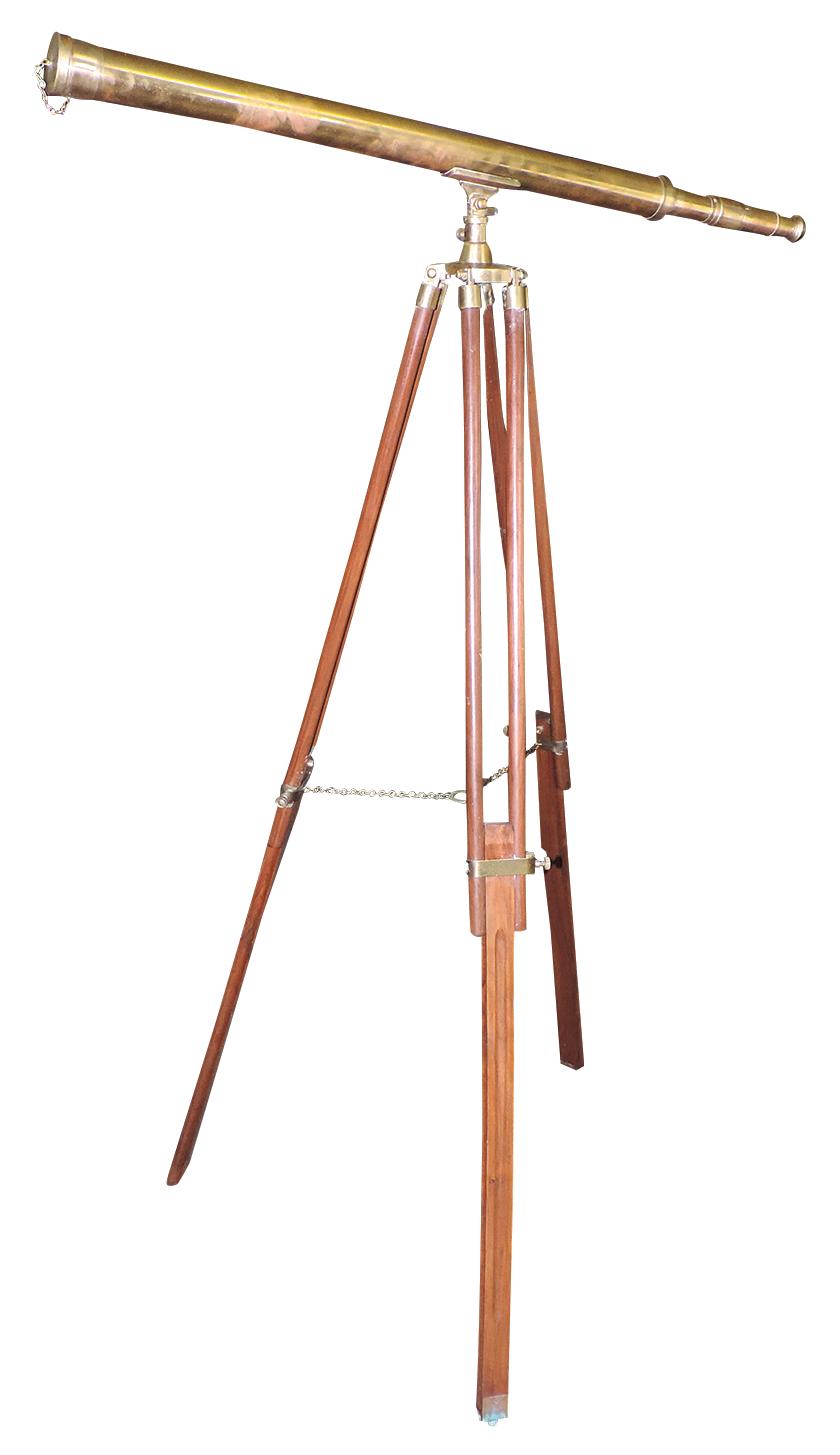 Telescope, vintage style brass w/1.5" element on wood tripod stand, Exc wor