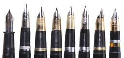 Fountain Pens (8), all Sheaffer black w/gold trim, 3 snorkels & 5 lever fil