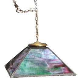 Lighting, Slag Glass Parlor Lamp, 4 panels of swirling purples, greens & op