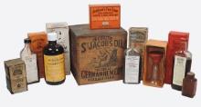 Drug Store Remedies (8), St. Jacobs Oil wood box w/sliding cover, Hamlins W