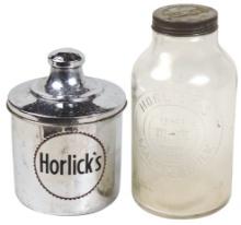 Soda Fountain Horlick's Containers (2), embossed glass jar & chrome plated
