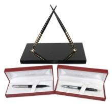 4 Sheaffer Fountain Pens & Desk Set, All White Dot, Blk Onyx Stand 2 14k Ni