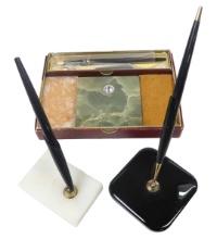 3 Parker Desk Sets, A White Onyx W/51 Fountain, A Blk Onyx W/ballpoint And