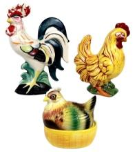 Collectibles (3) Rooster, Hen Figurines, Hidden Egg Hen On Nest Salt & Pepp