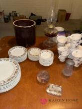basement two partial dish sets, lantern and more