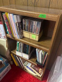 bookshelf with magazines in basement