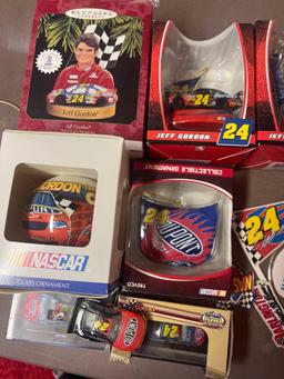 NASCAR Jeff Gordon Christmas tree ornaments and more in basement