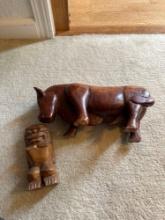 12 in wooden carved bull and 6 in figure
