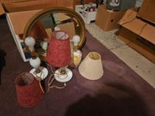 3 Small lamps and oval mirror.