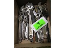 Box of Various Adjustable Wrenches