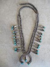 NAVAJO TURQUOISE AND SILVER SQUASH BLOSSOM NECKLACE