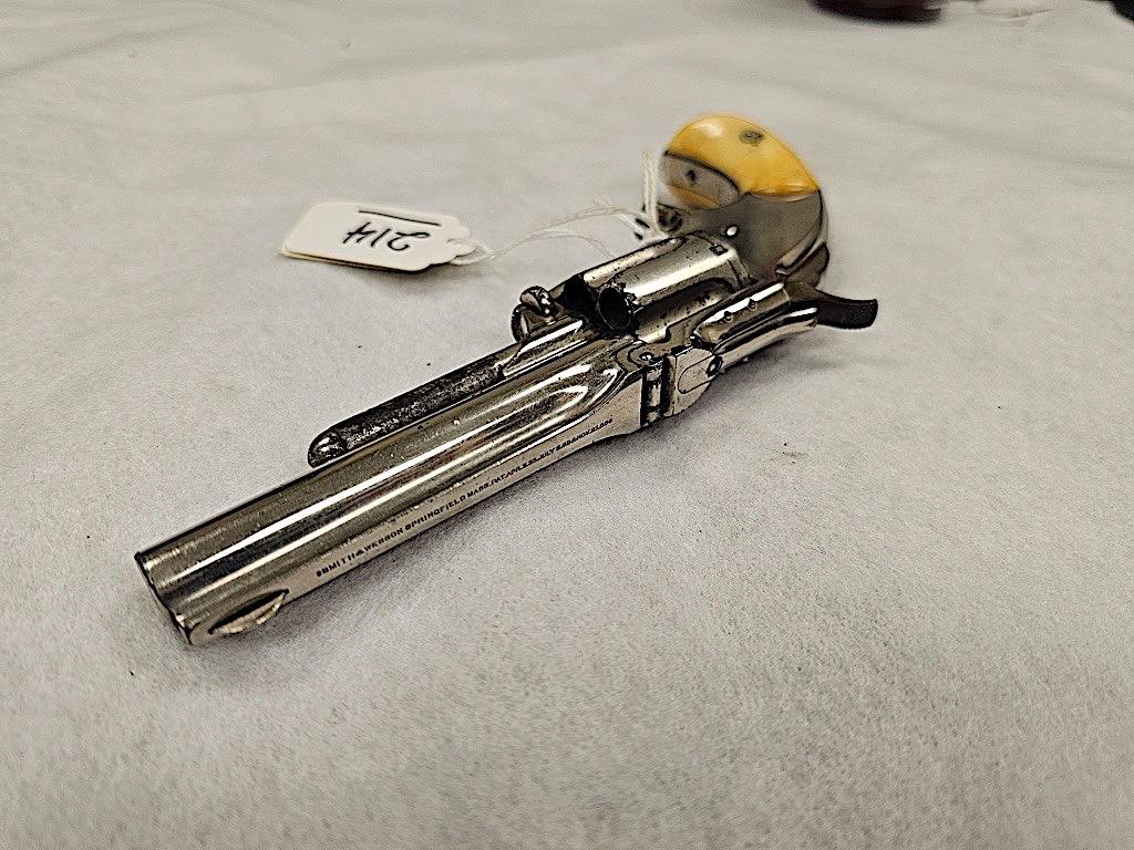 SMITH AND WESSON NO 2 32 CAL REVOLVER NICKEL PLATED BONE/IVORY HANDLE, S/N