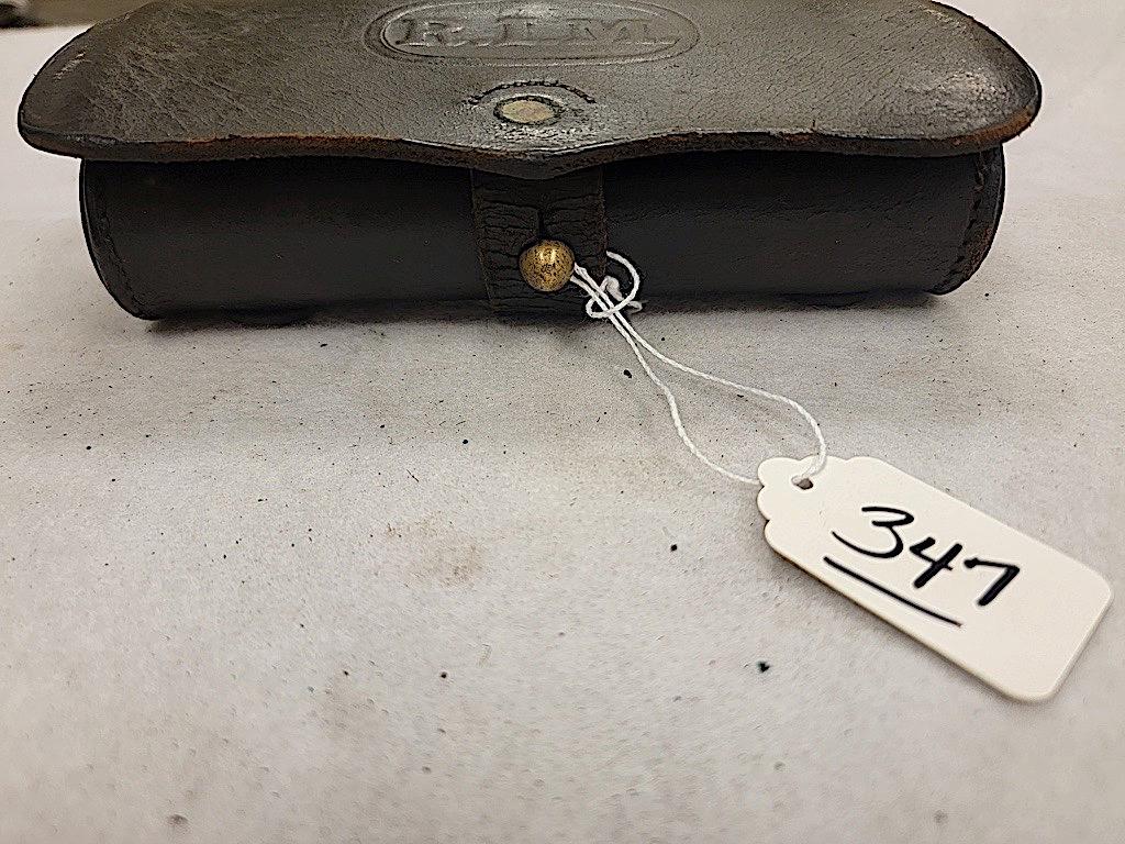 BLACK CARTRIDGE BOX MARKED R.I.M. WATERVILLE ARSENAL WOODEN INSERTS