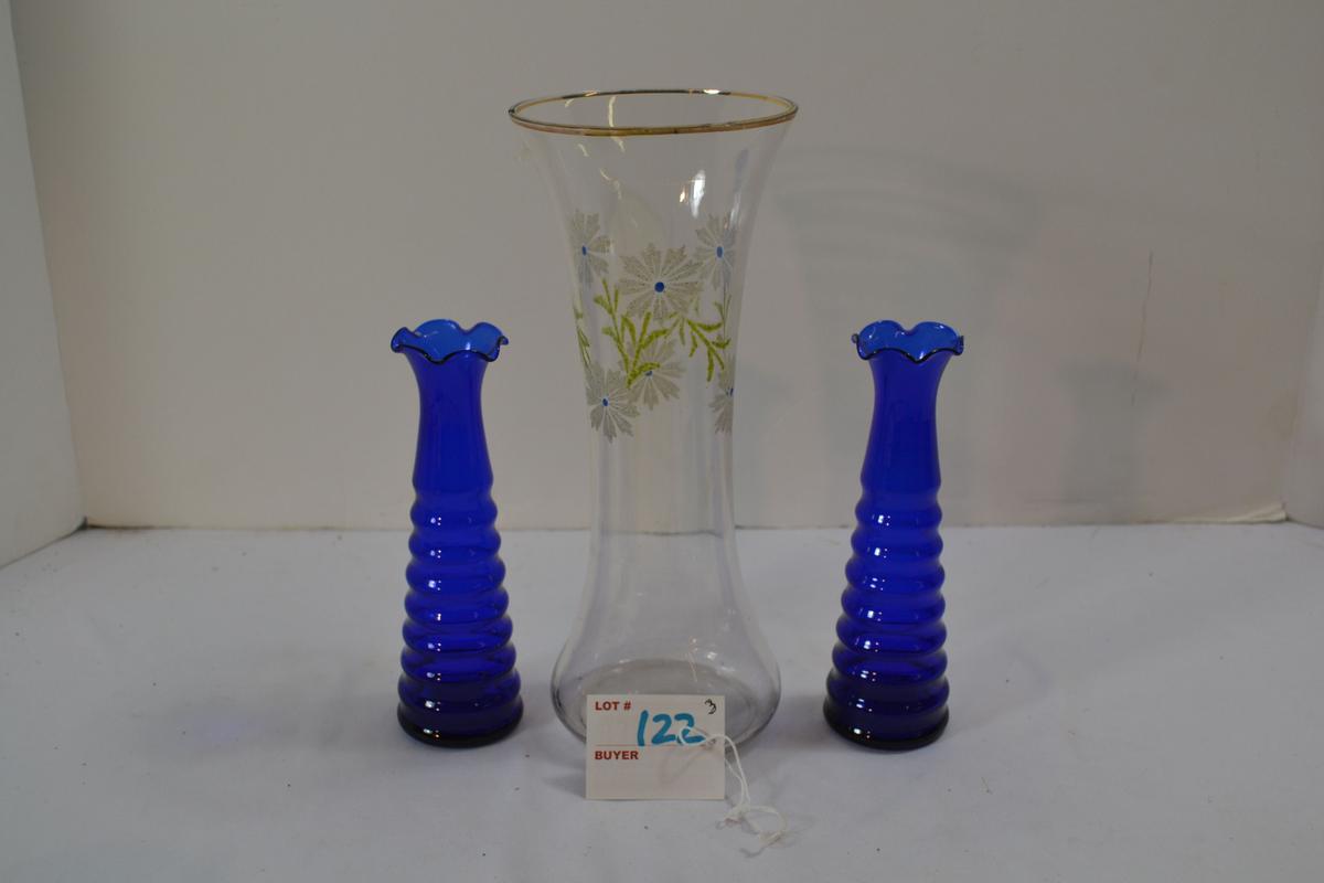 Pair of Cobalt Blue Crimped Edge 7" Vases and Clear 10" Vase w/Enameled Flowers; Small Chip