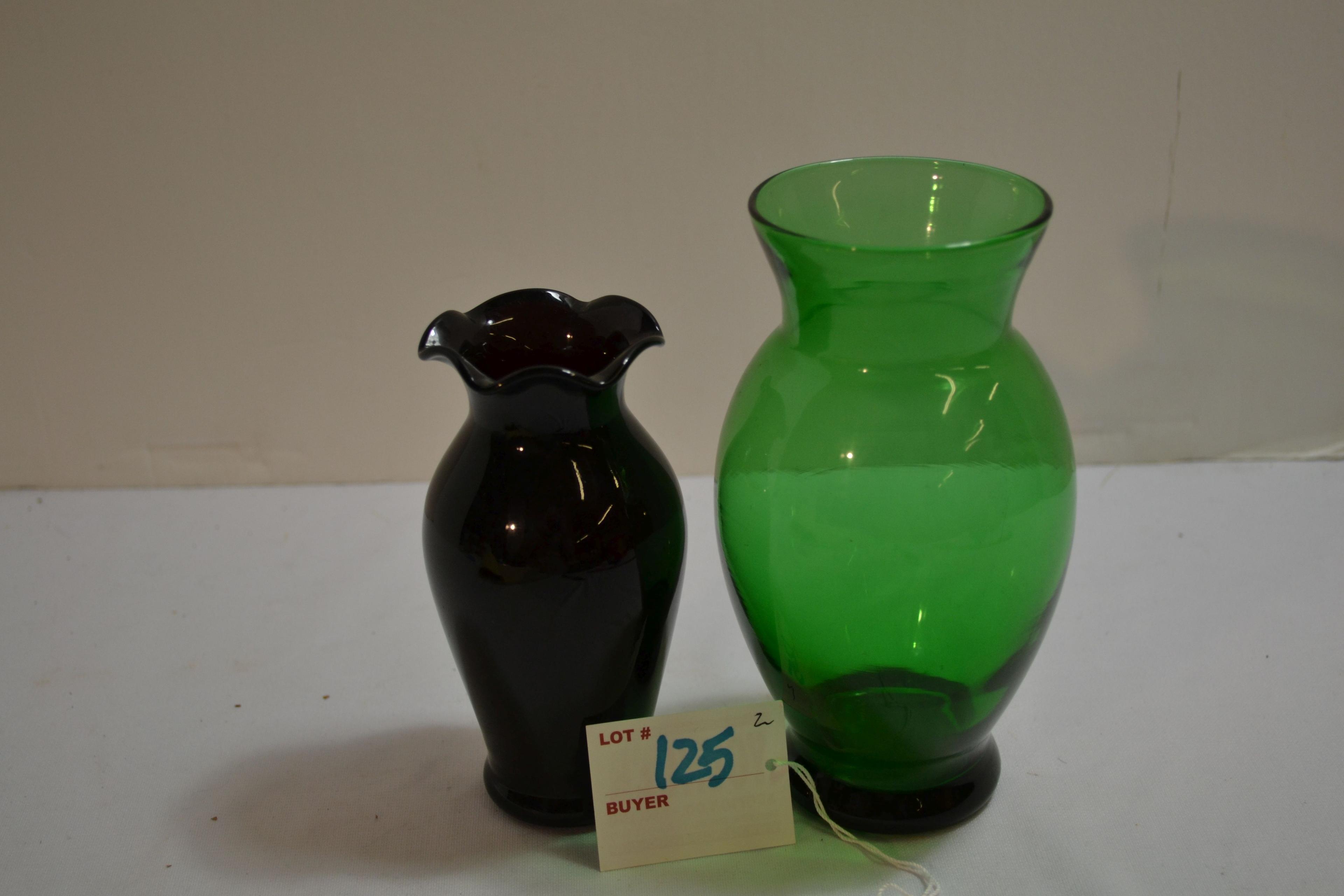 Forest Green Anchor Hocking 6-1/2" Vase and Dark Purple 5" Crimped Top Vase