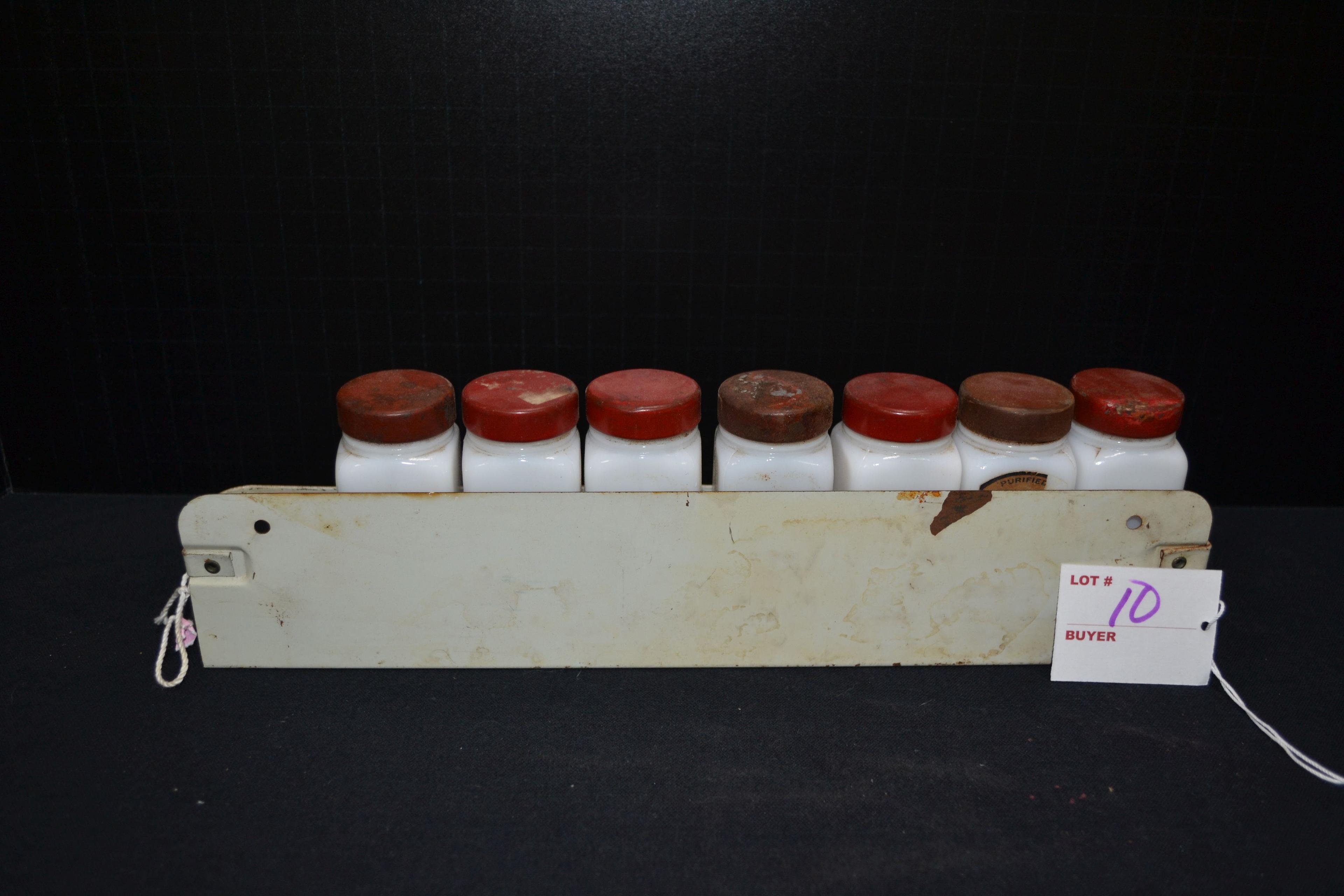 Vintage Spice Rack with 7 Milk Glass Lidded Jars; Some Original Labels
