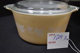 Pyrex 1961-62 Sandalwood 470 Casserole Set w/Lids; Nos. 471, 472, and 473; Chip on one lid.