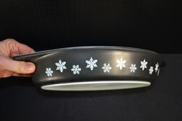 Pyrex White Snowflake on Charcoal Divided Dish w/Lid; Mfg. 1958-1960