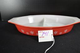 JAJ Pyrex White Snowflake on Coral Divided Dish from England; No Lid