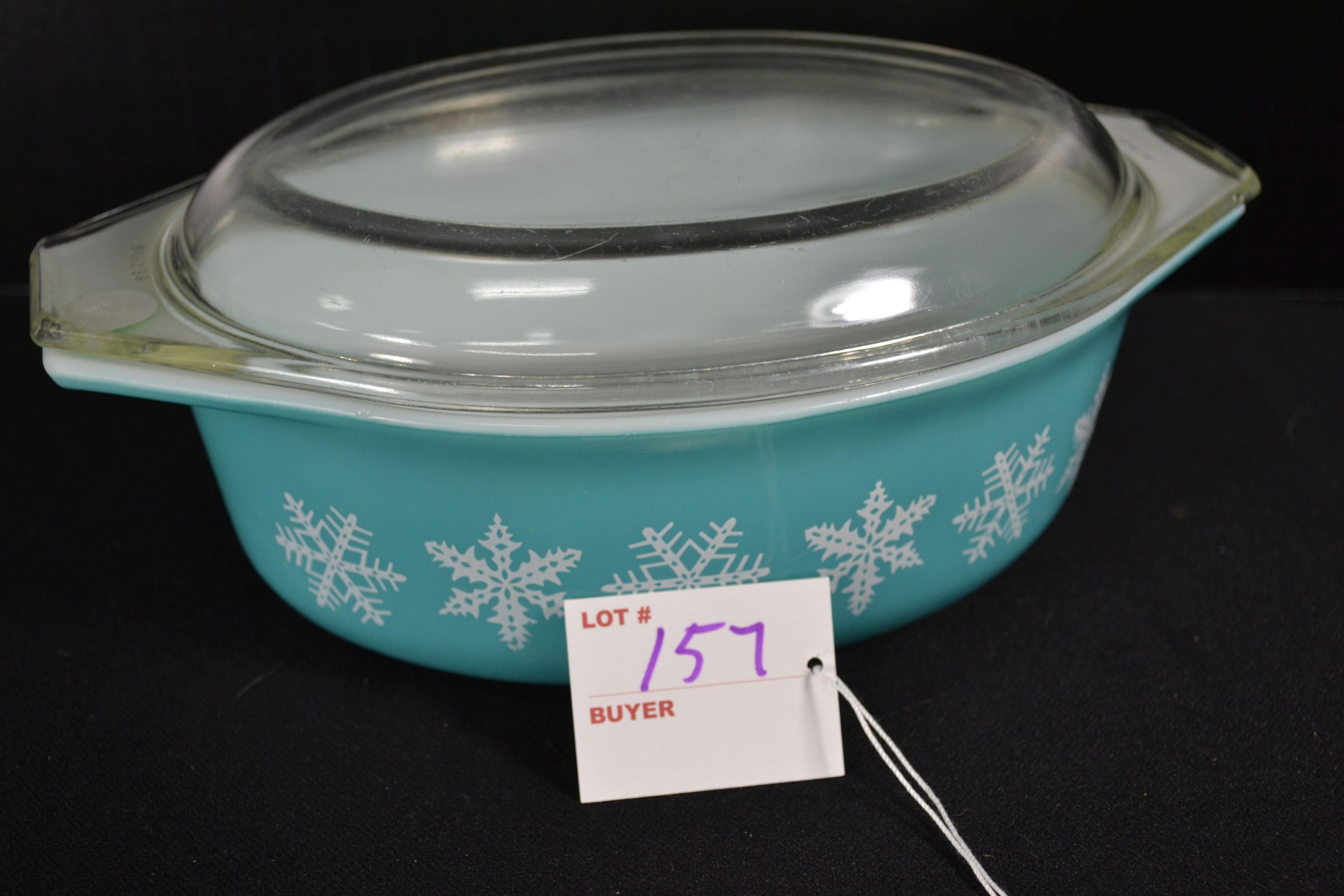 Pyrex White Snowflake on Turquoise No. 043 Casserole w/Lid; Mfg. 1956-1967