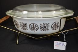 Pyrex 1960 Promotional White Hex Signs 045 w/Lid and Cradle; No Chips