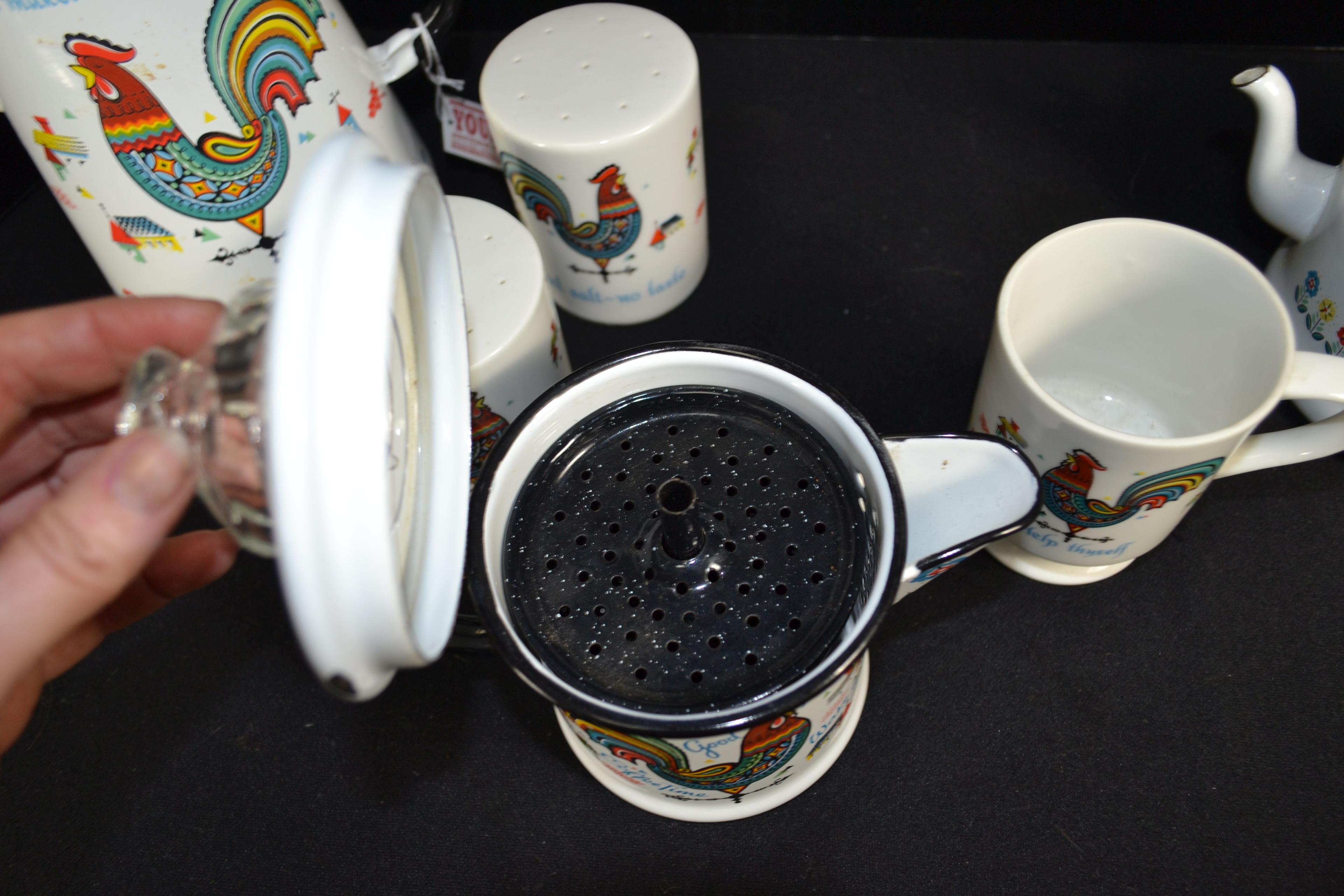 Vintage Rooster Pattern Enameled Coffee Pot, Tea Pot, Small Coffee Pot w/Insides by Berggren, Salt a