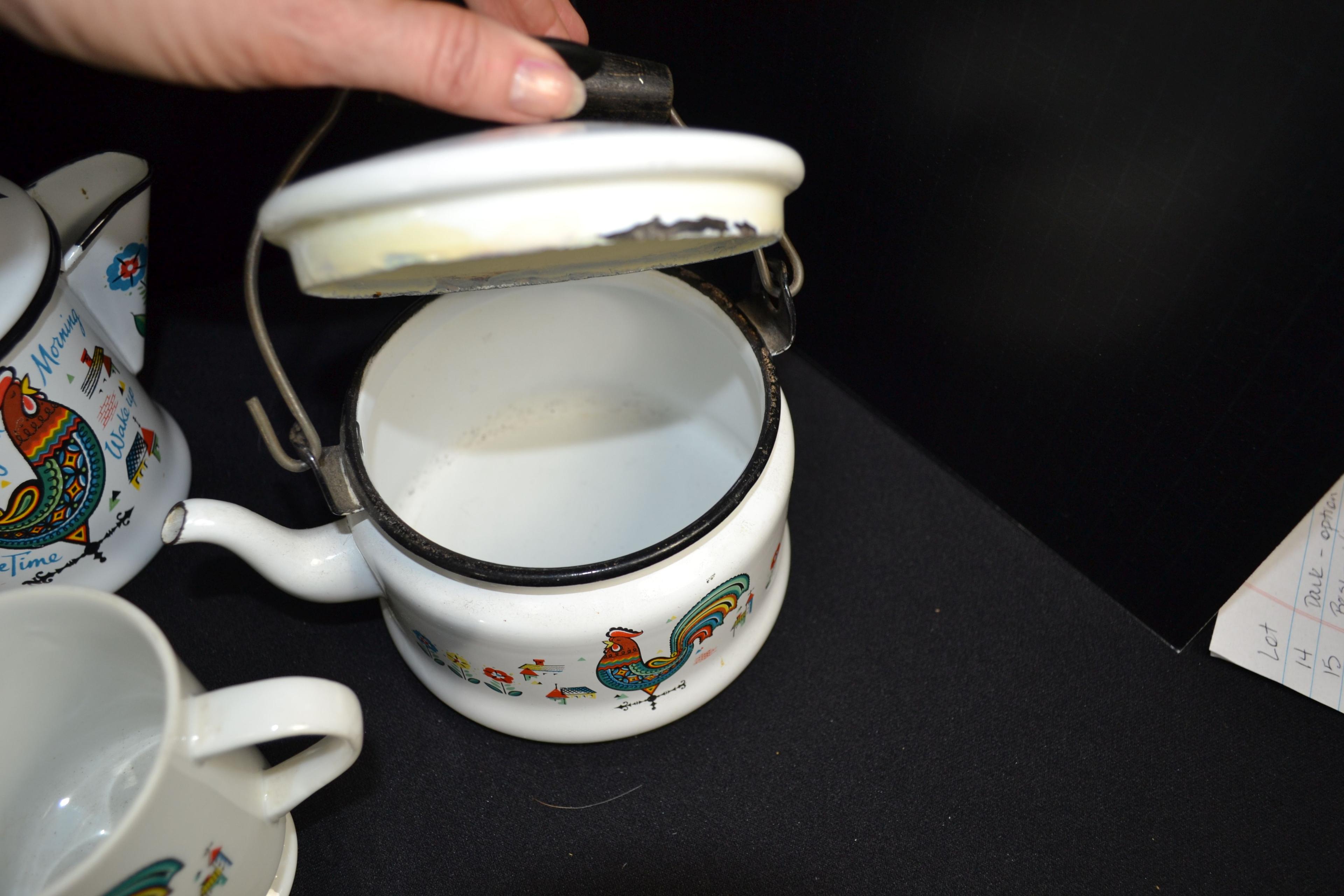 Vintage Rooster Pattern Enameled Coffee Pot, Tea Pot, Small Coffee Pot w/Insides by Berggren, Salt a