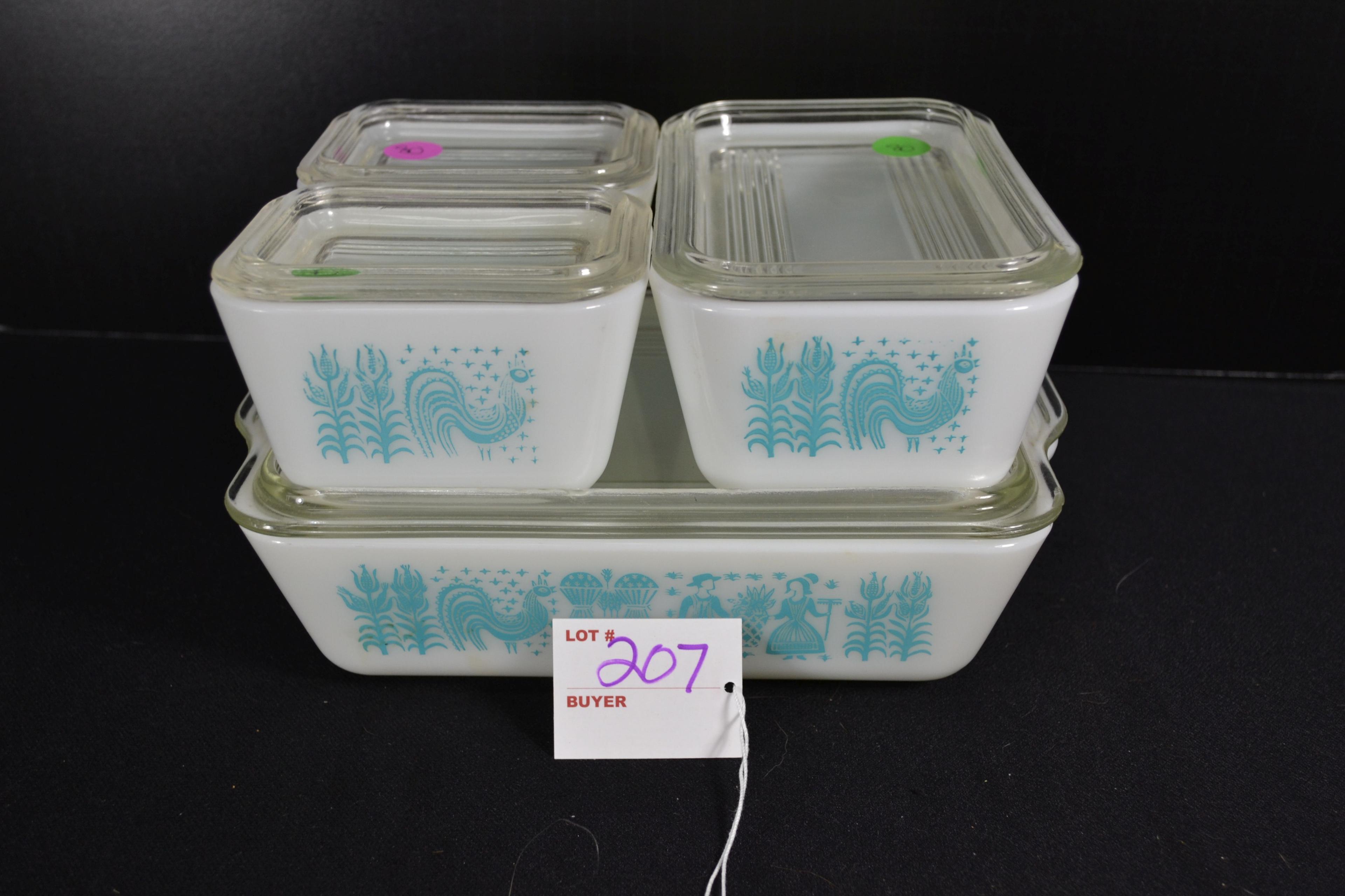 Pyrex Butterprint Refrigerator Set including Nos. 501 (x2), 502,and 503 w/Lids; Mfg. 1959-1960