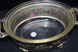 Pyrex Clear Oval Casserole w/Engraved Lid and Farberware Cradle; Casserole has Corning Glassworks' C