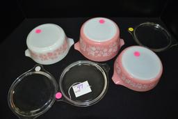 Pyrex Pink Gooseberry Bake, Serve, and Store Set including Nos. 471, 472, and 473 w/Lids; Mfg. 1959-