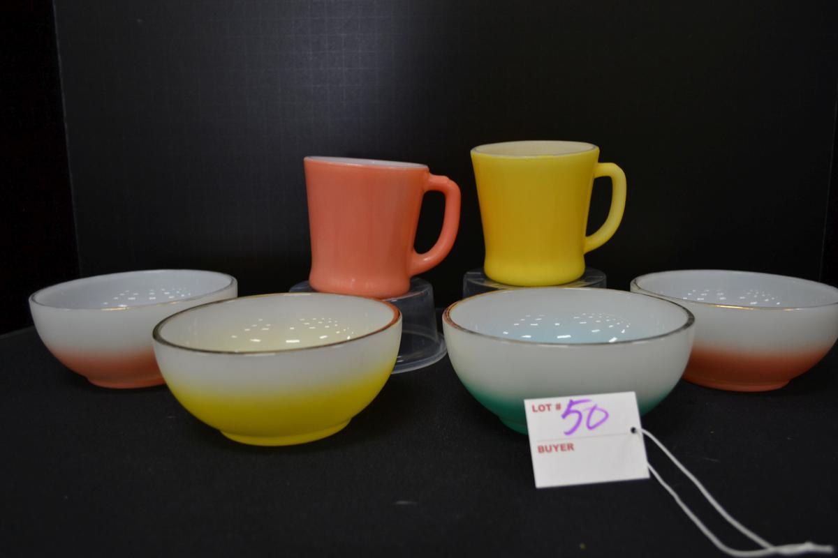 Pair of Fire-King Coffee Cups and 4 Pastel Fire-King Cereal Bowls