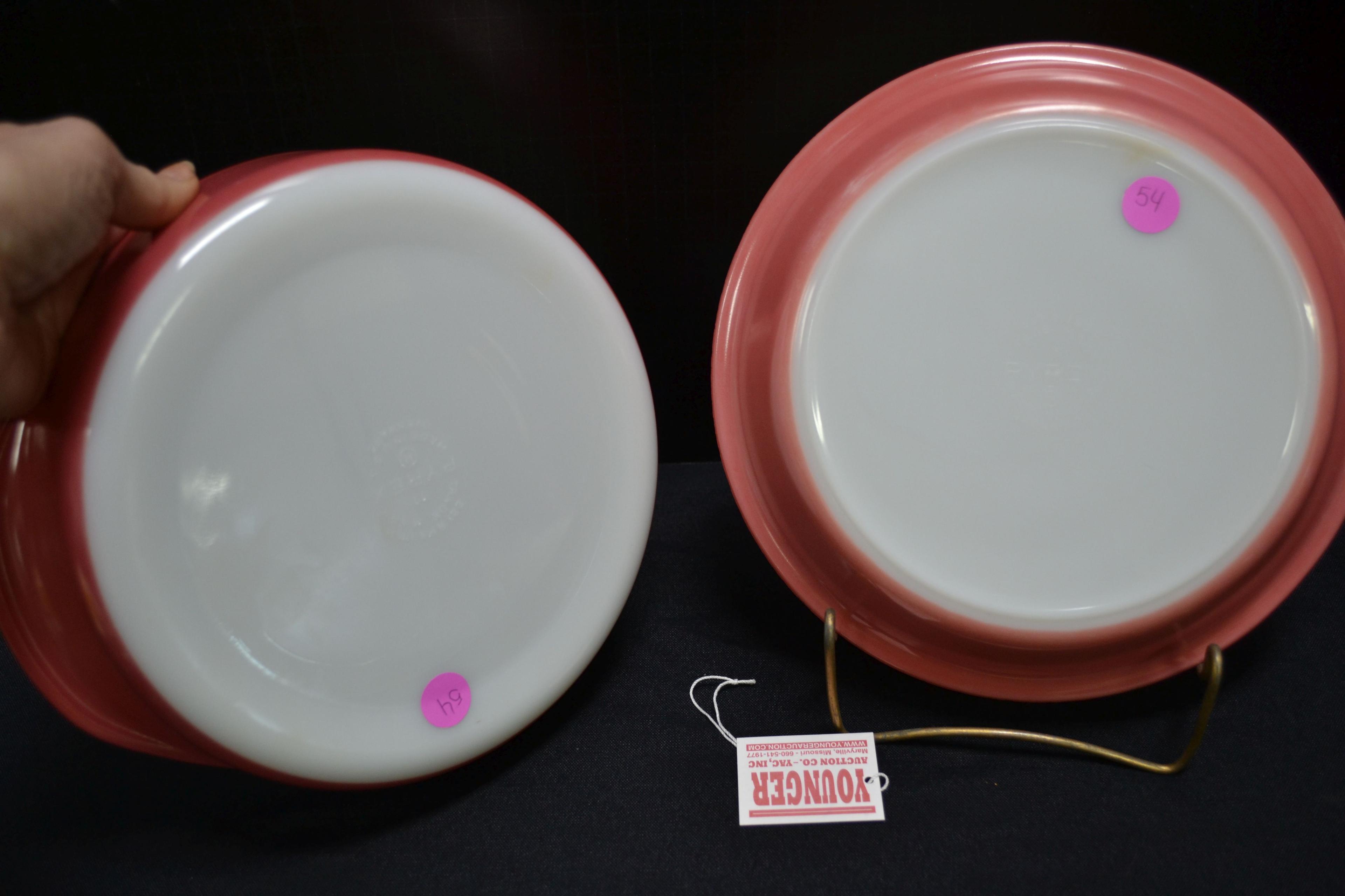 Pyrex Flamingo Bakeware including No. 209 Pie Plate and No. 221 Round Cake Dish; Mfg. 1952-1956