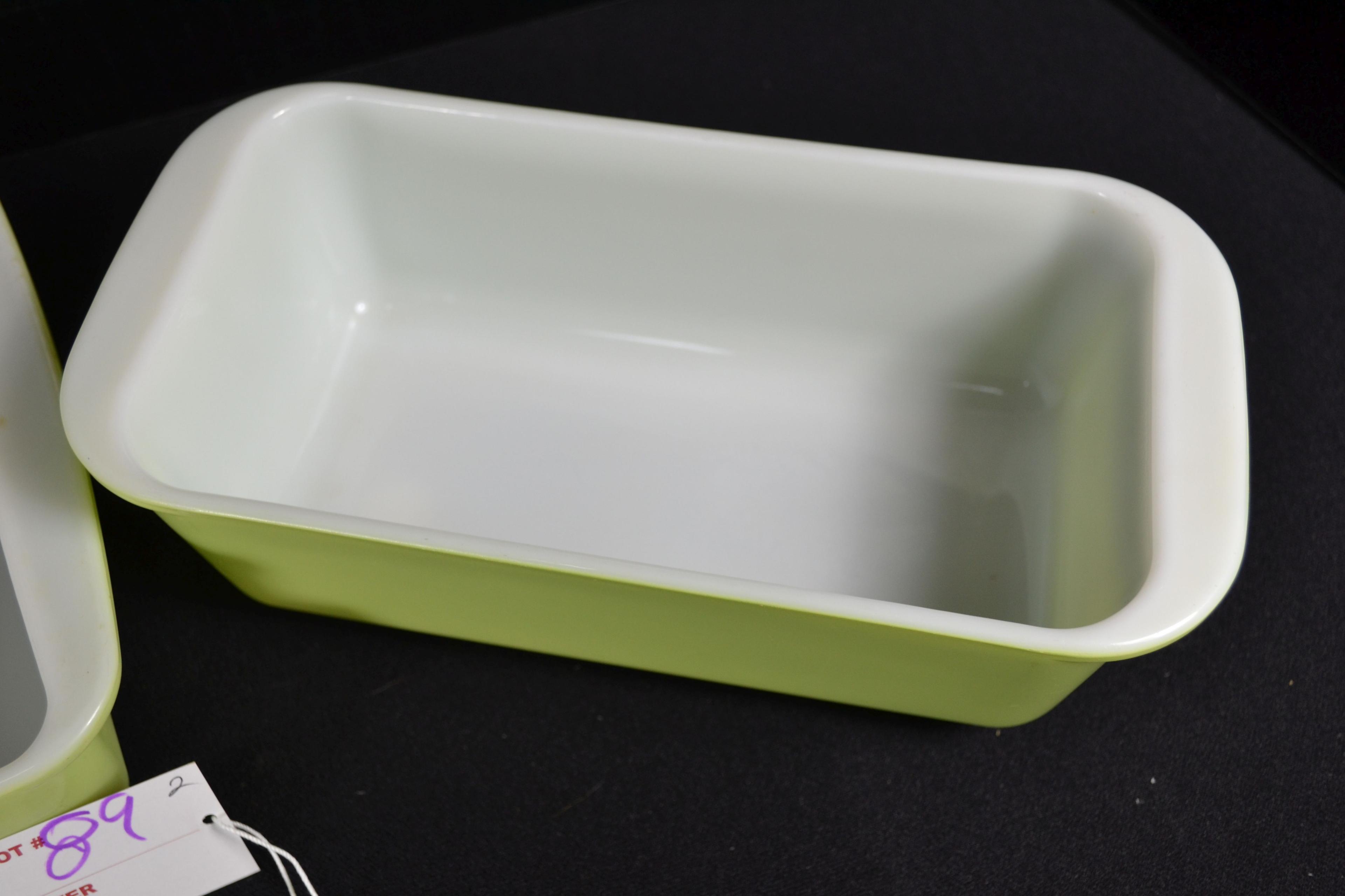 Pyrex Lime Bakeware including No. 213 Loaf Pan and No. 222 Square Cake Dish; Mfg. 1952-1955