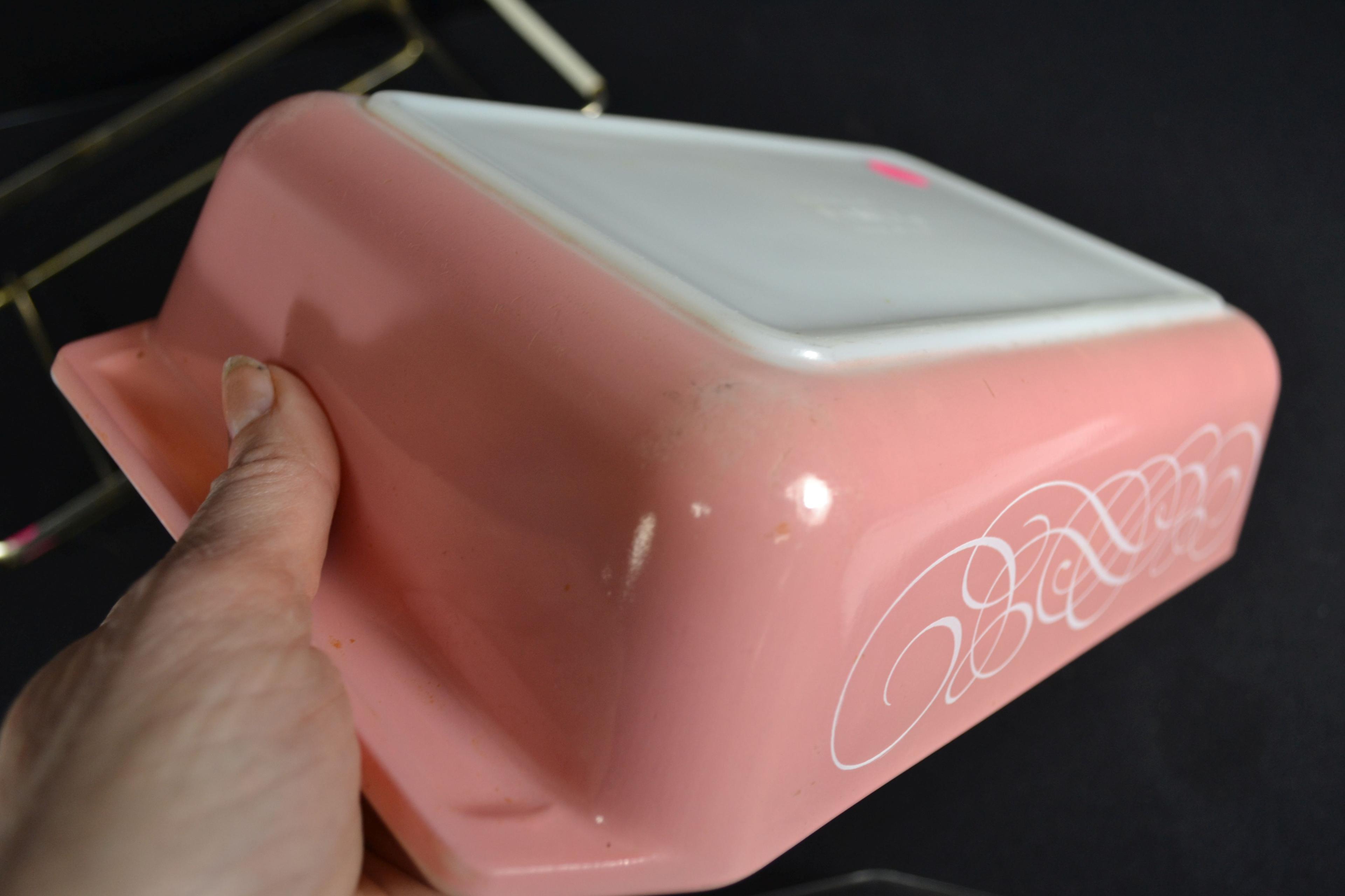 Pyrex Pink Scroll No. 575 Space Saver w/Lid and Cradle; Mfg. 1958-1959; Chip on lid.