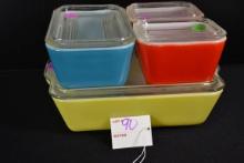 Pyrex Primary Colors Refrigerator Set Nos. 501 (x2), 502, and 503 w/Lids; Mfg. 1947-1965; Chip on 50