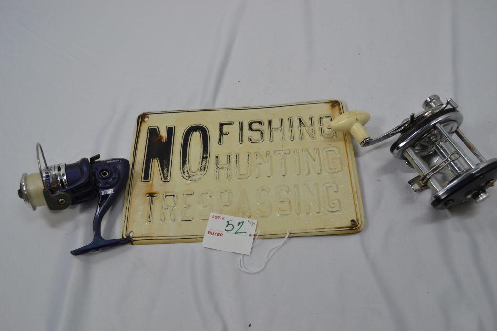 Group of Fishing Reels and Sign, Zebco Spincast Slingshot, 220yds, 6lbs, 1 Bearing and 923c True Tem