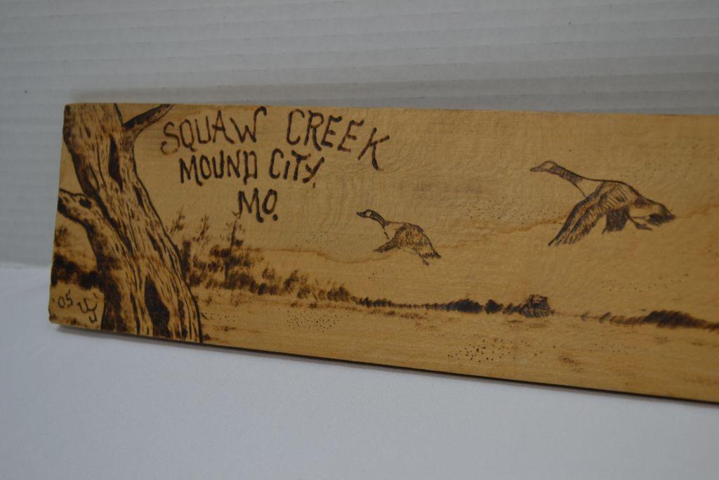 Squaw Creek, Mound City Mo; Wood Burned Animal Scenery On Hide Stretcher