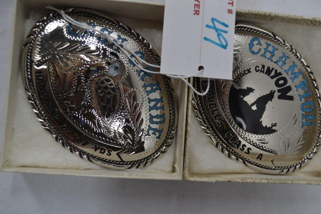 Pair of Silver and Turquoise Belt Buckles; Champion Doubles Class A Black Canyon and Cash Grande Han