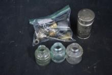 Group of Glass Ink Wells, Brass Bells, and Williams Powder Shaving Soap Brass Tin