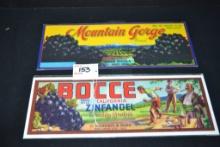 Pair of Paper Label Advertisements for Mountain Gorge and Bocce Grapes & Wine