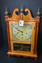 Vintage Baystate Pharmacal Co. Maple and Cherry Wood Clock w/Brass Finials and Keys