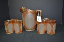 Imperial Windmill Frosted Panel Orange Carnival Pitcher w/6 Matching Tumblers