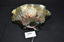 Fenton Carnival Glass Peacock and Grape 3-Footed Bowl; 8"