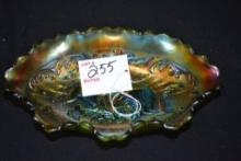 Northwood? Green/Marigold Carnival Glass Poppy Pickle Tray; 8"x5"