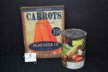 Contemporary Burlap Painted Carrots Seed Picture 9"x7" and Vintage Sealed Can Royal Squash Seeds