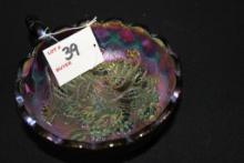 Purple Peacock Carnival Candy Dish w/Pansy Flowers