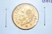 1907 Mexican Five Peso .900 Gold Piece; Unc.