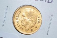 1907 Mexican Five Peso .900 Gold Piece; Unc.